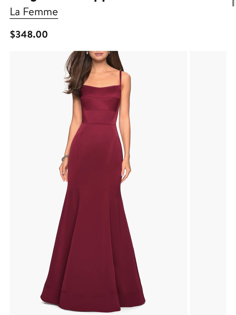 La Femme Burgundy Spaghetti Strap Mermaid Gown